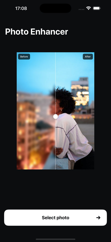 Enhancer - AI Photo Enhancer - Interface mostrando uma comparação de antes e depois de uma foto borrada sendo aprimorada por tecnologia de IA