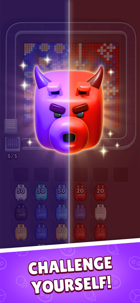 Um personagem de porco dividido em roxo e vermelho com o texto Desafie-se no jogo Pixel Flow