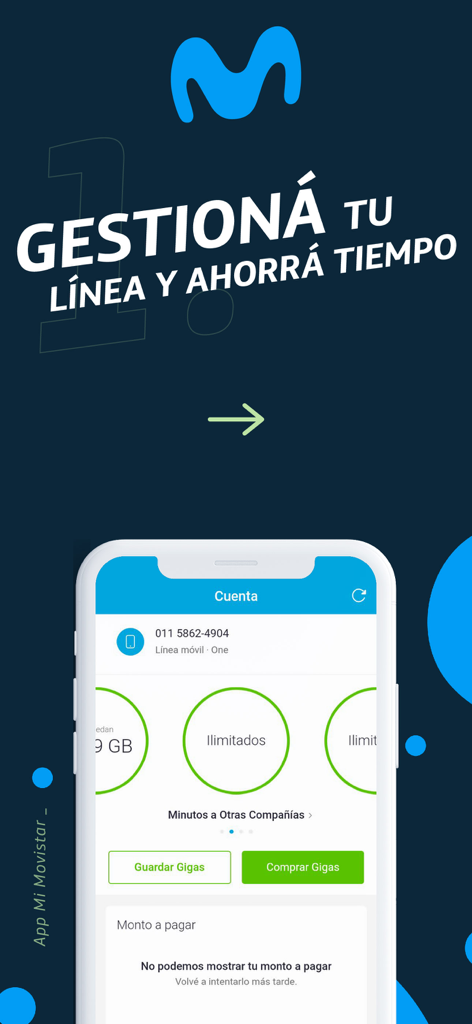 Interface do aplicativo Mi Movistar mostrando detalhes da conta móvel e status de uso de dados