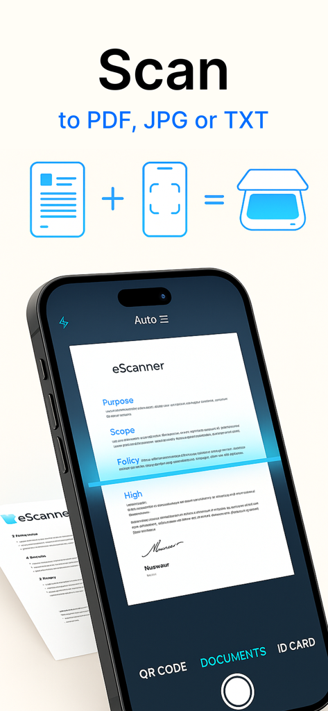 Photo to PDF converter scan. - Un smartphone usando la aplicación eScanner para escanear un documento en formatos PDF y JPG