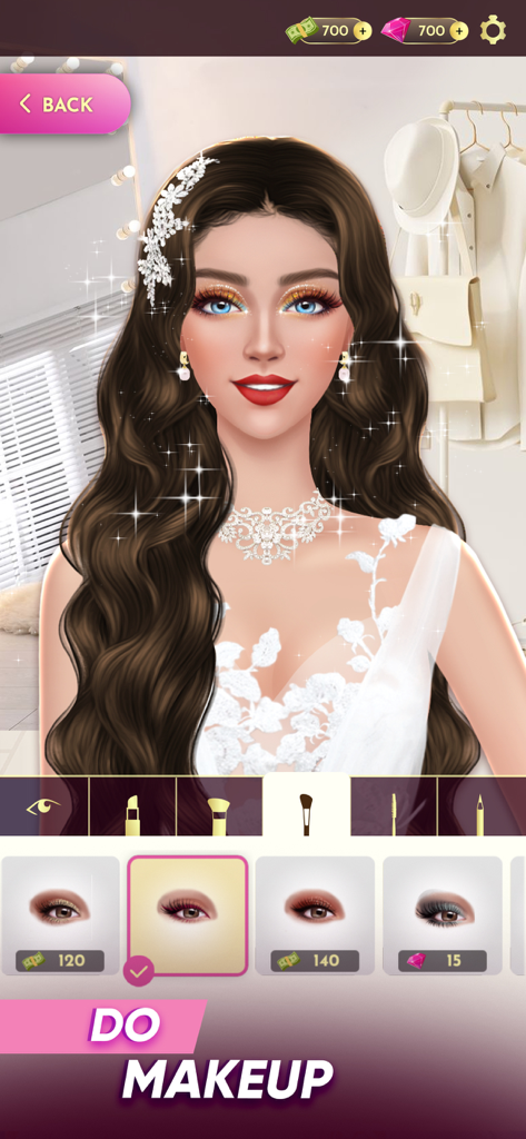 Wedding Stylist: Dress Up Game - A bride character receiving a makeover in the Wedding Stylist dress up mobile game