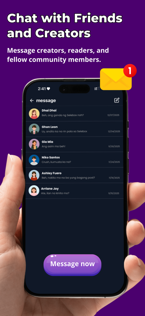 SeLeBox - Smartphone screen showing the SeLeBox app messaging interface with a list of chat conversations.