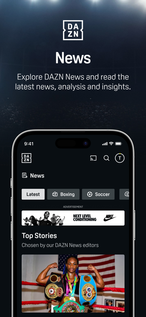 DAZN mobile app interface displaying sports news, latest analysis, and combat sports coverage.