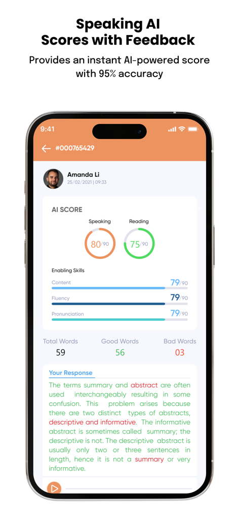 PTE Practice & Tests - AlfaPTE - AlfaPTE app interface displaying instant AI-powered speaking test results with detailed feedback on fluency and pronunciation.