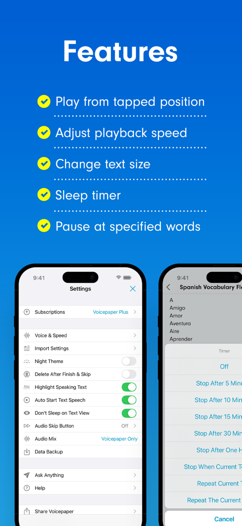 Voicepaper app features list showing playback settings and sleep timer options on mobile interface
