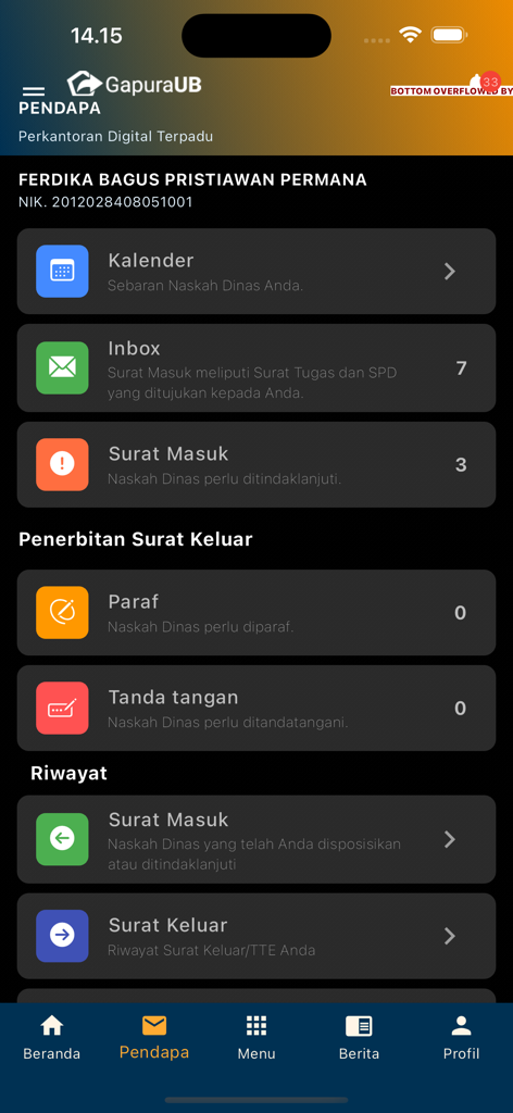 Gapura UB - Digital office dashboard in the Gapura UB app showing administrative features like inbox and mail history for Universitas Brawijaya