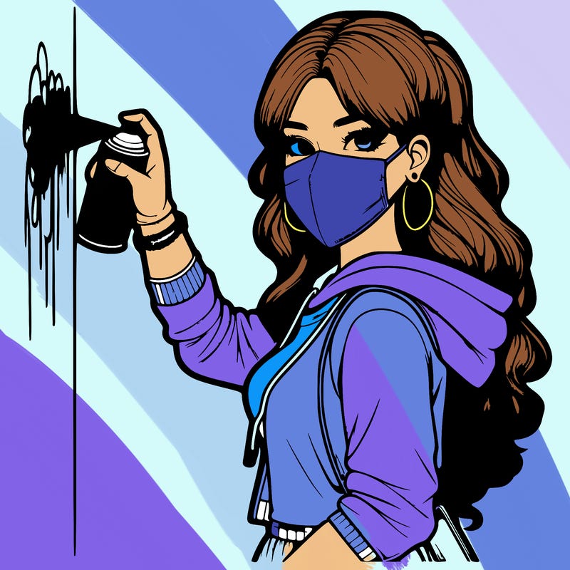 realistic girl with mask spray painting a wall