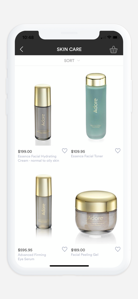 Adore Cosmetics - Eine mobile App-Oberfläche für Adore Cosmetics, die einen Katalog von luxuriösen Hautpflegeprodukten anzeigt, darunter Feuchtigkeitscreme, Toner, Augenserum und Peeling-Gel mit Preisen.