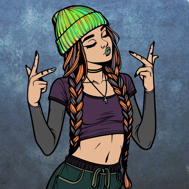 realistic teenage girl with braids and a beanie and crop top doing 🫶🏼