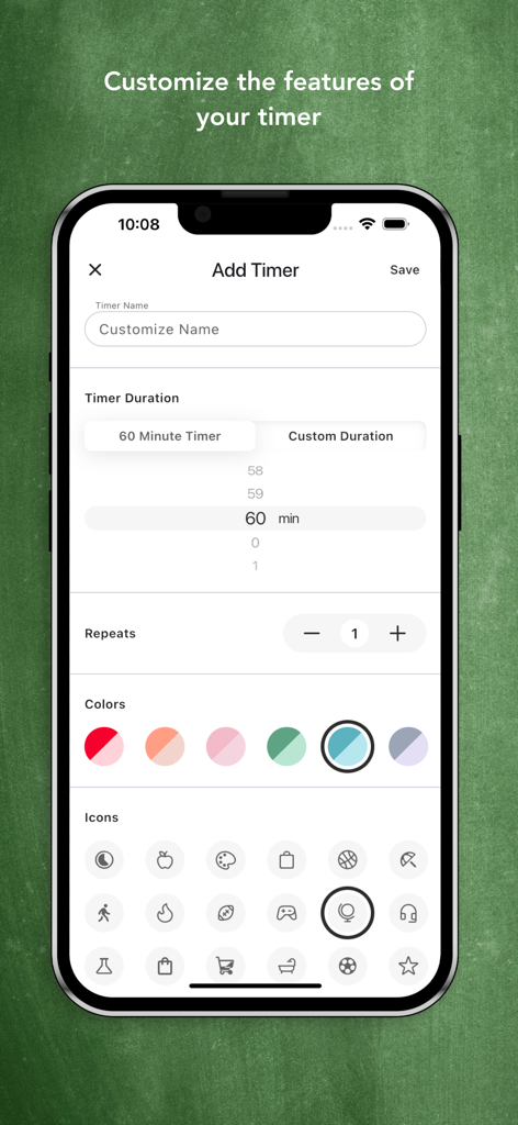 Interface para adicionar e personalizar um novo temporizador visual com configurações de duração, repetições, cor e ícones.