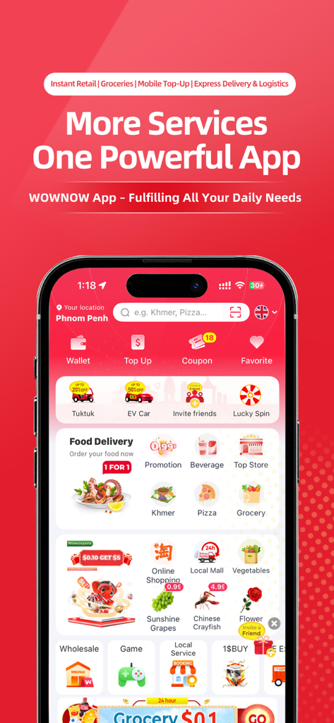 WOWNOW-Food , Book Taxi & Shop - WOWNOW super app interface showing food delivery taxi booking and online shopping services