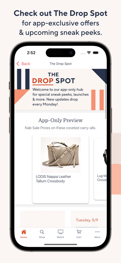 QVC Mobile Shopping (US) - QVCアプリのDrop Spotセクションに、限定レザー製クロスボディバッグのオファーが表示される