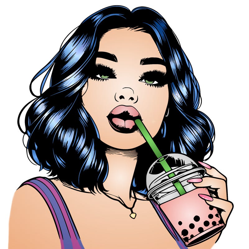 realistic girl with glossy lips holding boba