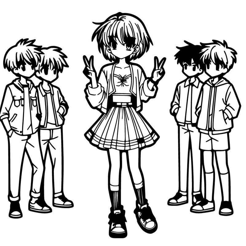 a full-length manga girl in a skirt and a crop top with short hair and boys looking at her closely