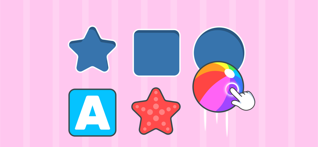 幼児向け教育ゲームの画面。子供の手が、形分けパズルの一部として、円形のスロットにビーチボールをドラッグしている様子。