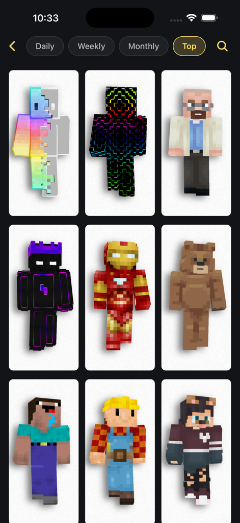 A grid display of popular Minecraft skins including Iron Man and custom characters in the Craftkit PE app