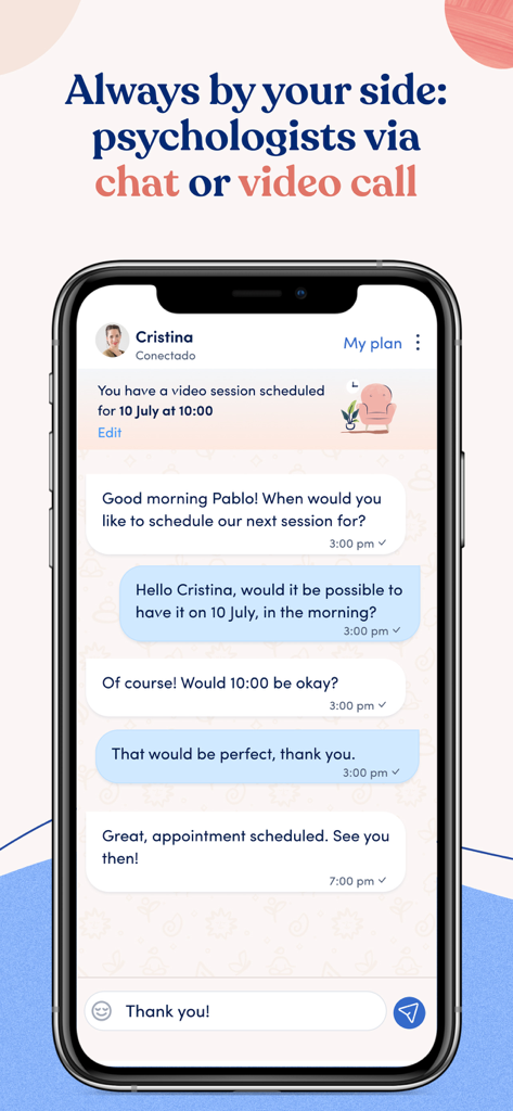 Pantalla de smartphone mostrando una interfaz de chat para programar una sesión con un psicólogo online.