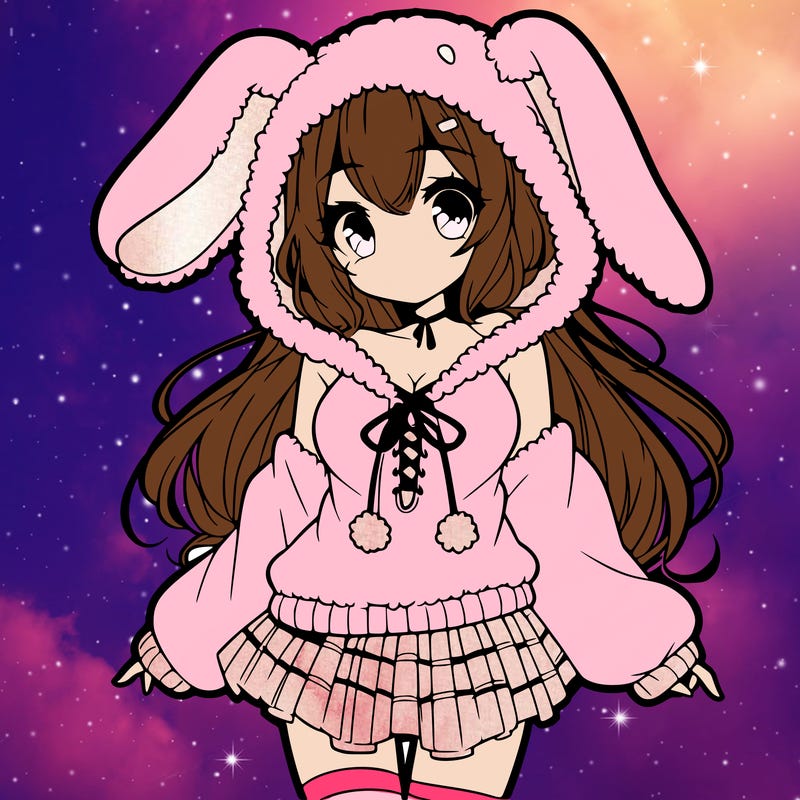 pretty anime girl wearing a fluffy hoodie with bunny ears on the hood and a skirt