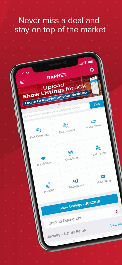 RapNet - The Diamond Market - Home screen of the RapNet app showing tools for diamond trading jewelry sourcing and market pricing