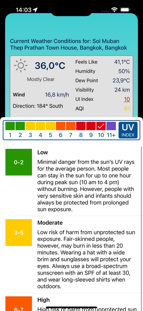 Heat Index Calculator Pro - Screenshot of the Heat Index Calculator Pro app displaying current weather conditions and a detailed UV index safety guide.