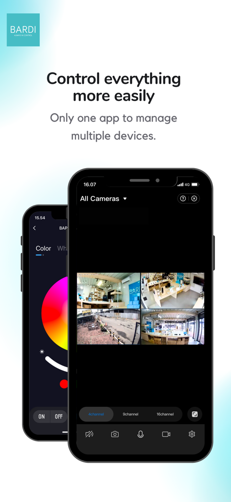BARDI Smart Home - BARDI Smart Home app interface showing security camera feeds and smart lighting controls on mobile phones.