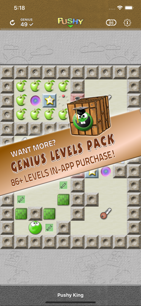 PUSHY - The Original - Screenshot des PUSHY The Original Puzzle-Spiels mit einem Logik-Level-Gitter und einem In-App-Kaufangebot für das Genius Levels Pack