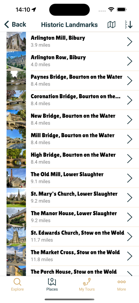A list of historic landmarks in the Cotswolds shown in the Local Compass travel app