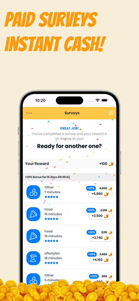 Earn Rewards with Survey Panda - Interface do aplicativo Survey Panda mostrando uma mensagem de recompensa por conclusão de pesquisa e uma lista de pesquisas disponíveis com recompensas em moedas.