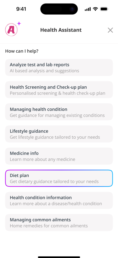 AYOO Care app health assistant interface showing options for medical analysis and wellness plans