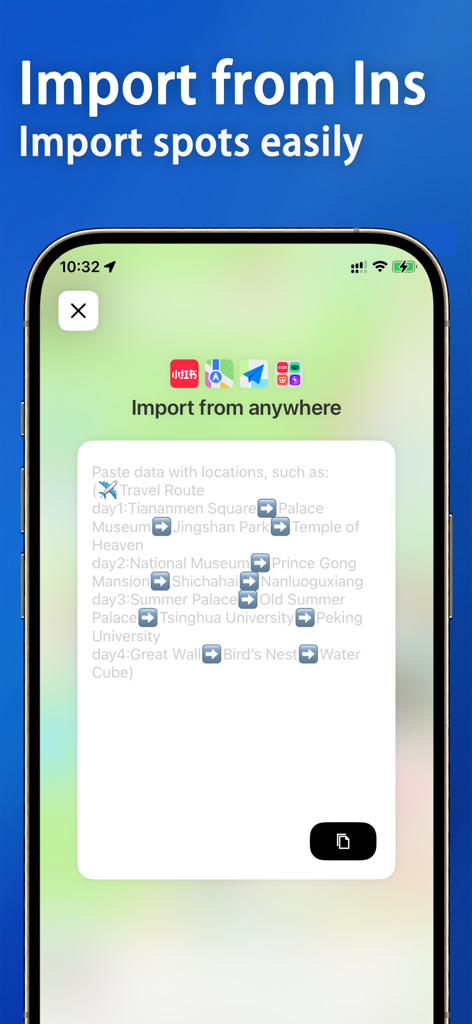 My Map－Marker,Save,Track&Plan - Screen showing the feature to import location data and travel spots from social media apps like Instagram into My Map.