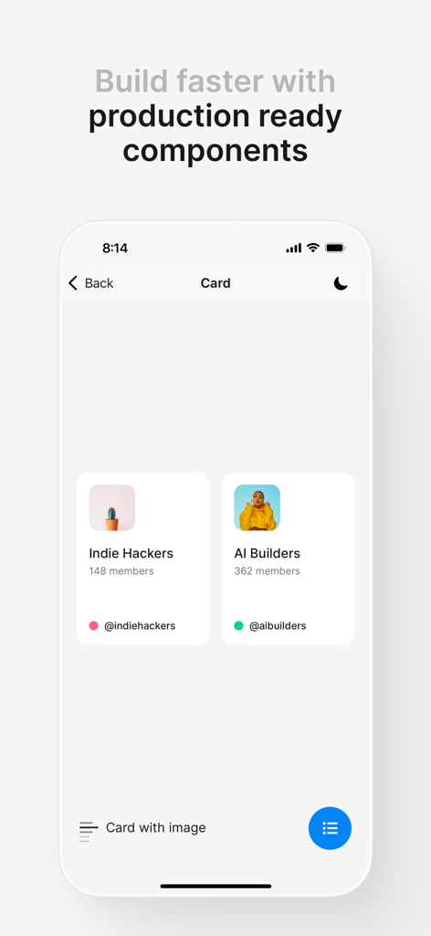 HeroUI Native - A mobile app interface showcasing card components from the HeroUI Native library with text Build faster with production ready components.