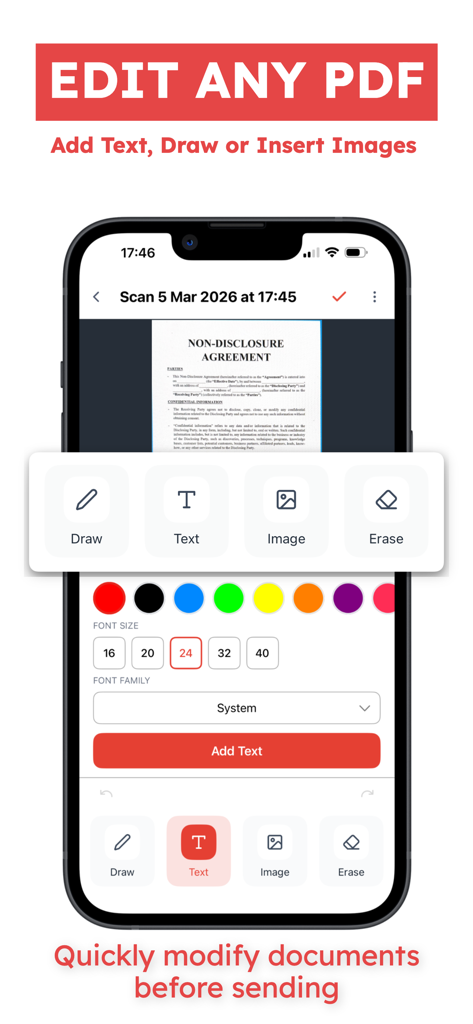 PDF Editor: Scan & Sign Doc - Interface of the PDF Editor app showing tools to add text, draw, and insert images into a digital document on an iPhone.