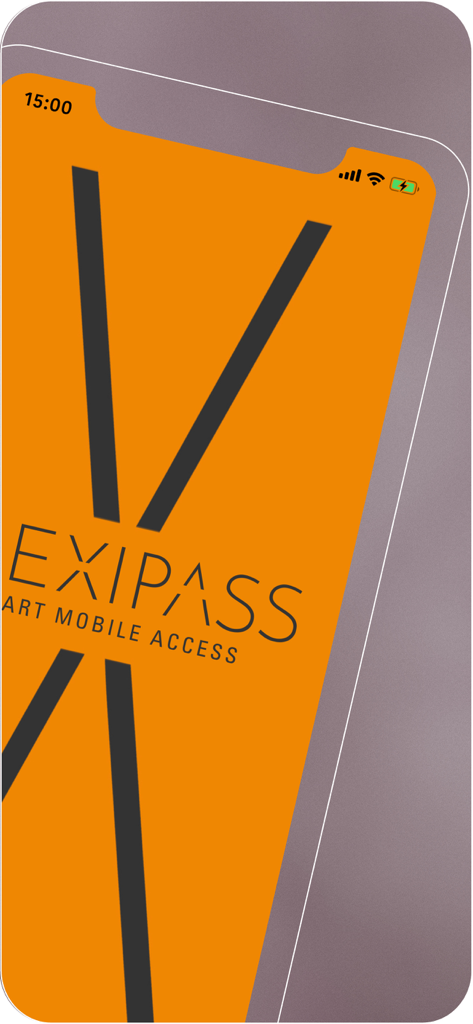 Smartphone que muestra el logotipo de Flexipass y el texto Smart Mobile Access en una pantalla naranja