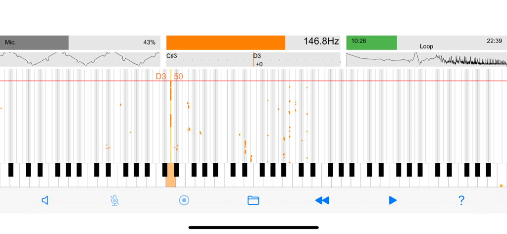 Vocal Analyzer Z - Real-time pitch analysis screen showing frequency data and piano keyboard visualization