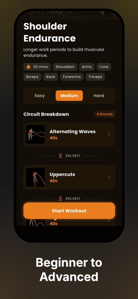 Battle Rope Workouts - Battle Rope Workouts app screen showing a shoulder endurance circuit with difficulty levels and exercise breakdown
