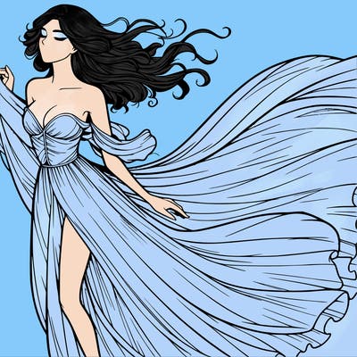 realistic woman in dress flowing the the wind