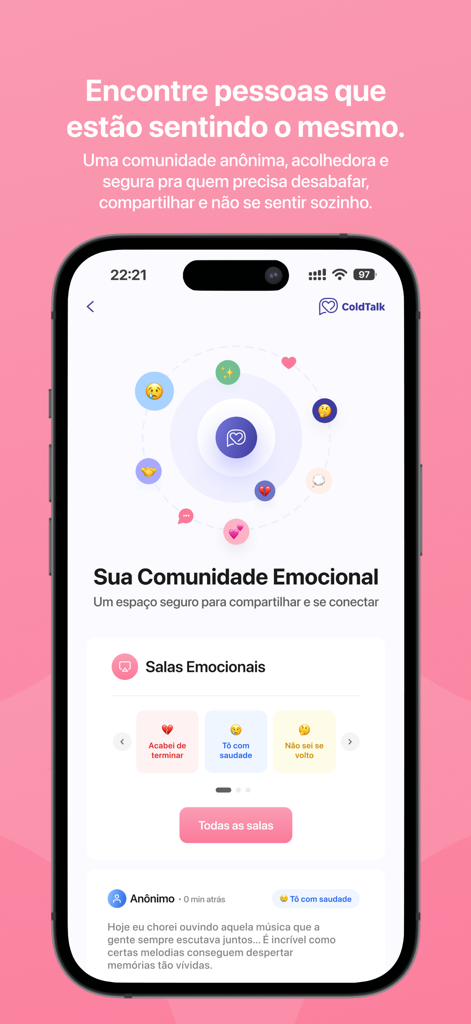 ColdTalk 앱 화면: 이별 후 회복 중인 사람들을 위한 익명의 감정 지원 커뮤니티 방 표시