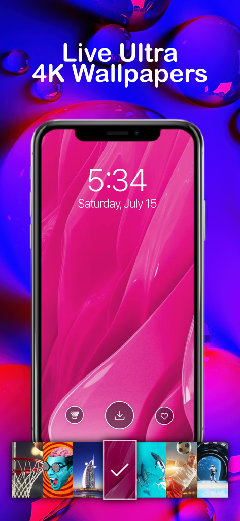 Yo! Live Wallpaper 4K Connect - iPhone displaying a pink abstract 4K live wallpaper with a gallery of other themed backgrounds below.