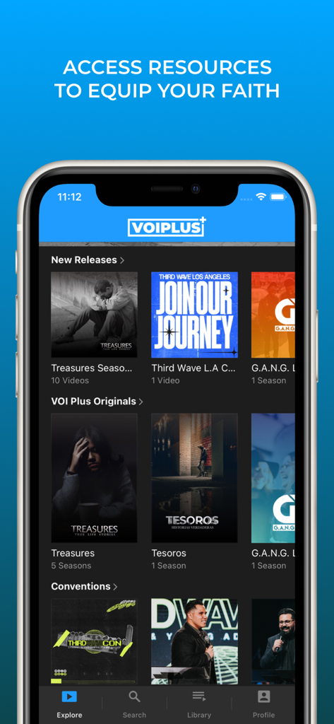 VOI Plus - Interface do aplicativo móvel VOI Plus mostrando séries originais baseadas na fé e recursos de ministério.