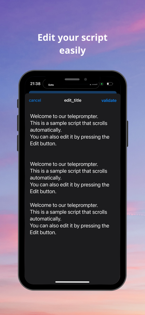 CamScript – Teleprompter Cam - Mobile app interface of CamScript showing the script editing screen for video content creators.