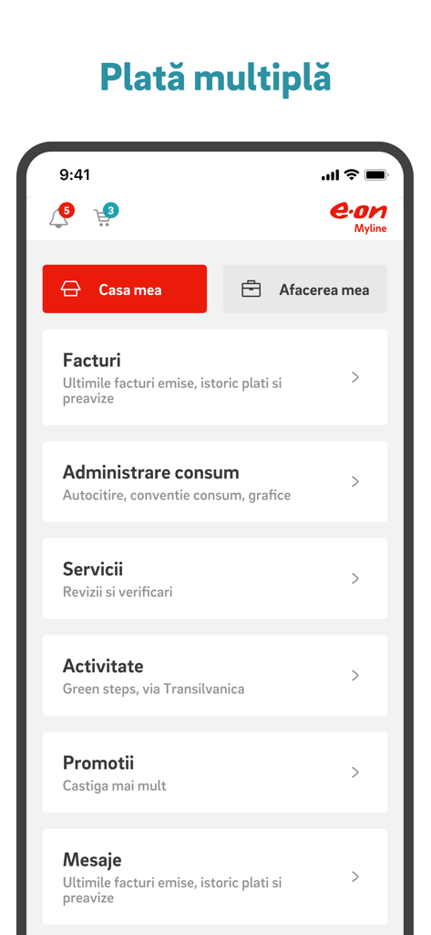 E.ON Myline mobile app dashboard showing options for bills consumption management and services
