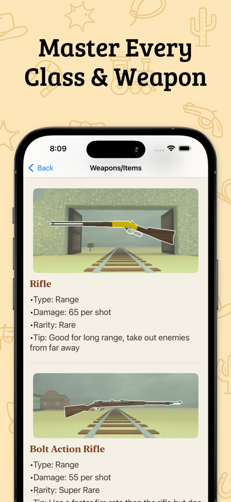 Dead Rails Guide – Unofficial - Uma interface de aplicativo móvel exibindo estatísticas de armas para rifles em um guia de jogos.