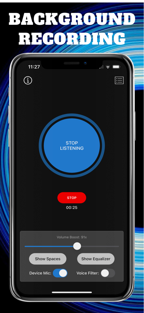 Hear Boost: Recording Ear Aid - Interface of the Hear Boost app showing the background recording feature with volume boost and voice filter controls.