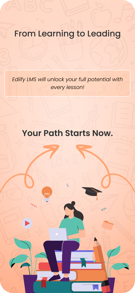 Ediify LMS - Ediify LMSアプリのスローガン「学習からリーダーシップへ」を表す、本の上に座ってラップトップを持つ女性。