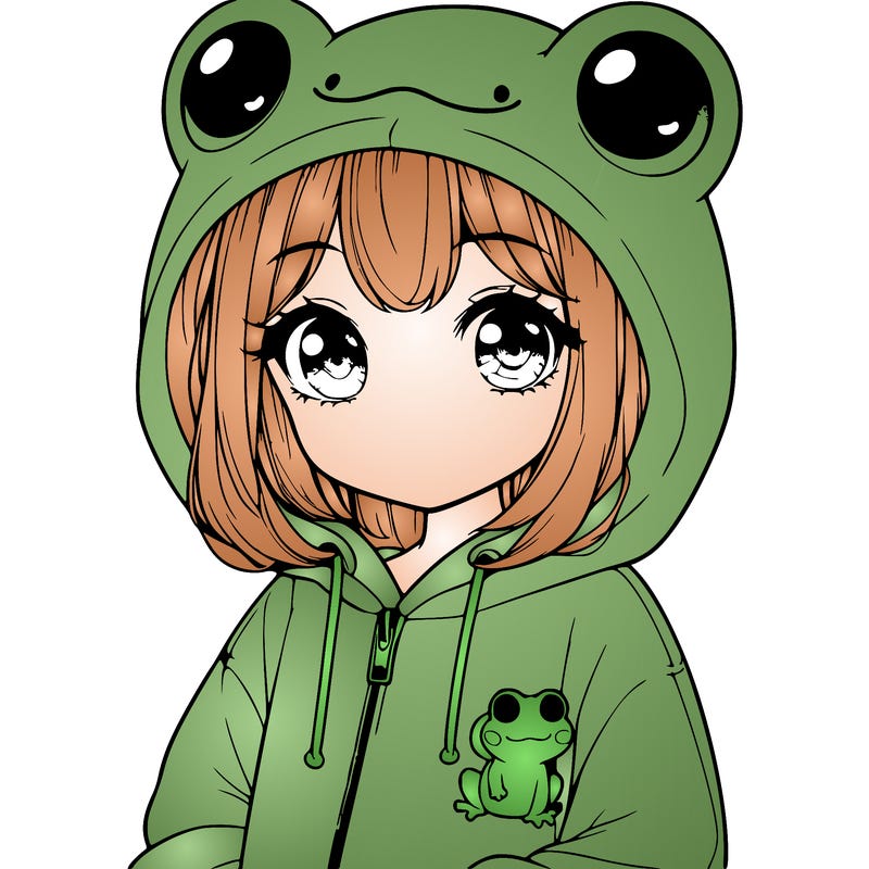 cute realistic girl in a froggy hoodie