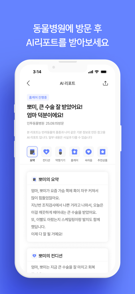 인투펫 - 펫 AI 에이전트 - IntoPet mobile app AI report screen showing pet medical summary and recovery status.