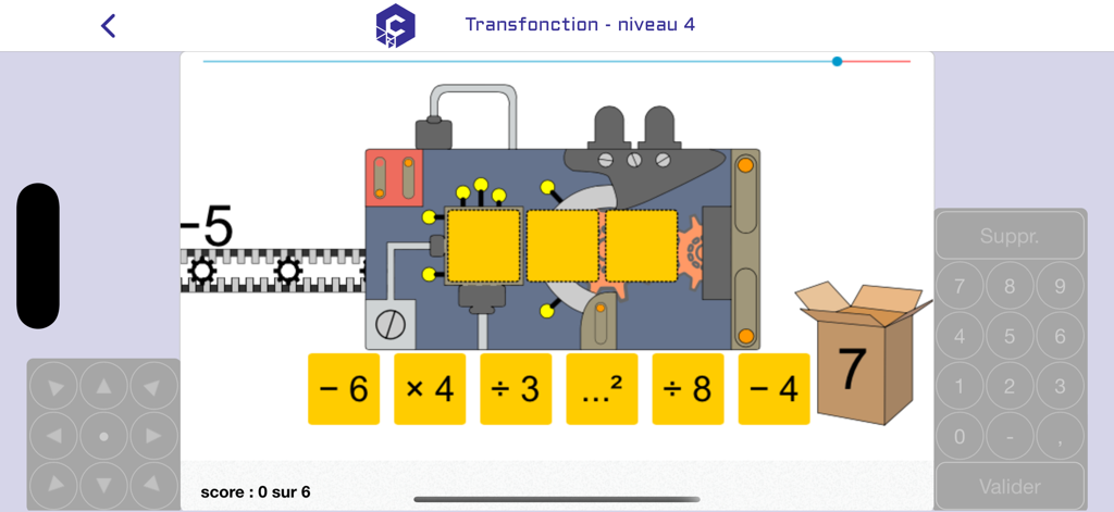 calcul@TICE - Mental math game screen from calculatice showing a number transformation machine