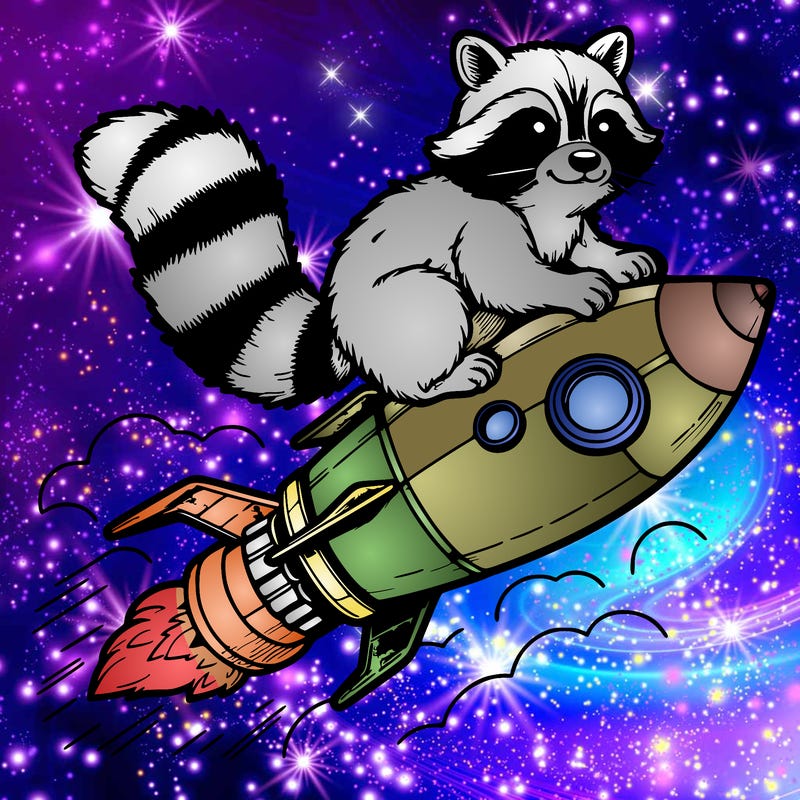 realistic raccoon flying on top rocket ship