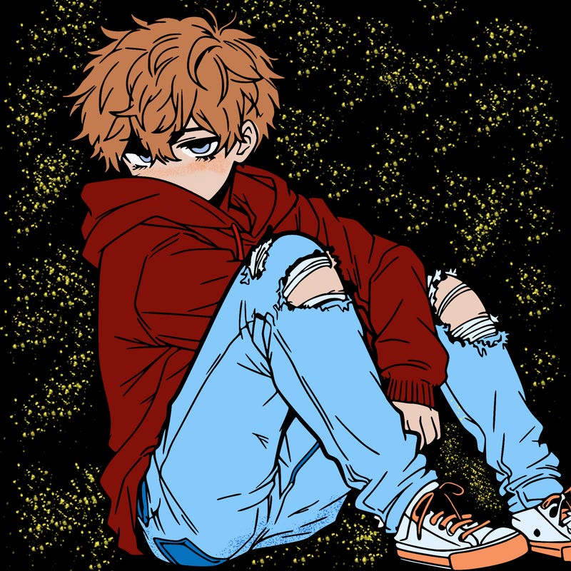 a male hoddie ripped jeans messy hair anime