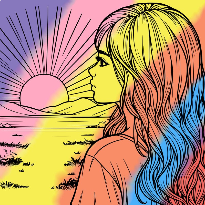 realistic girl staring at sunset